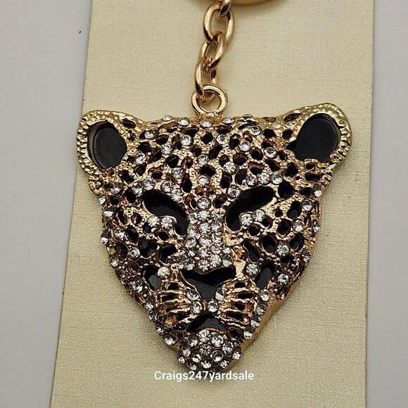 Jaguar Leopard Key Ring Gold Tone Rhinestones Betsey Johnson - Picture 2 of 4